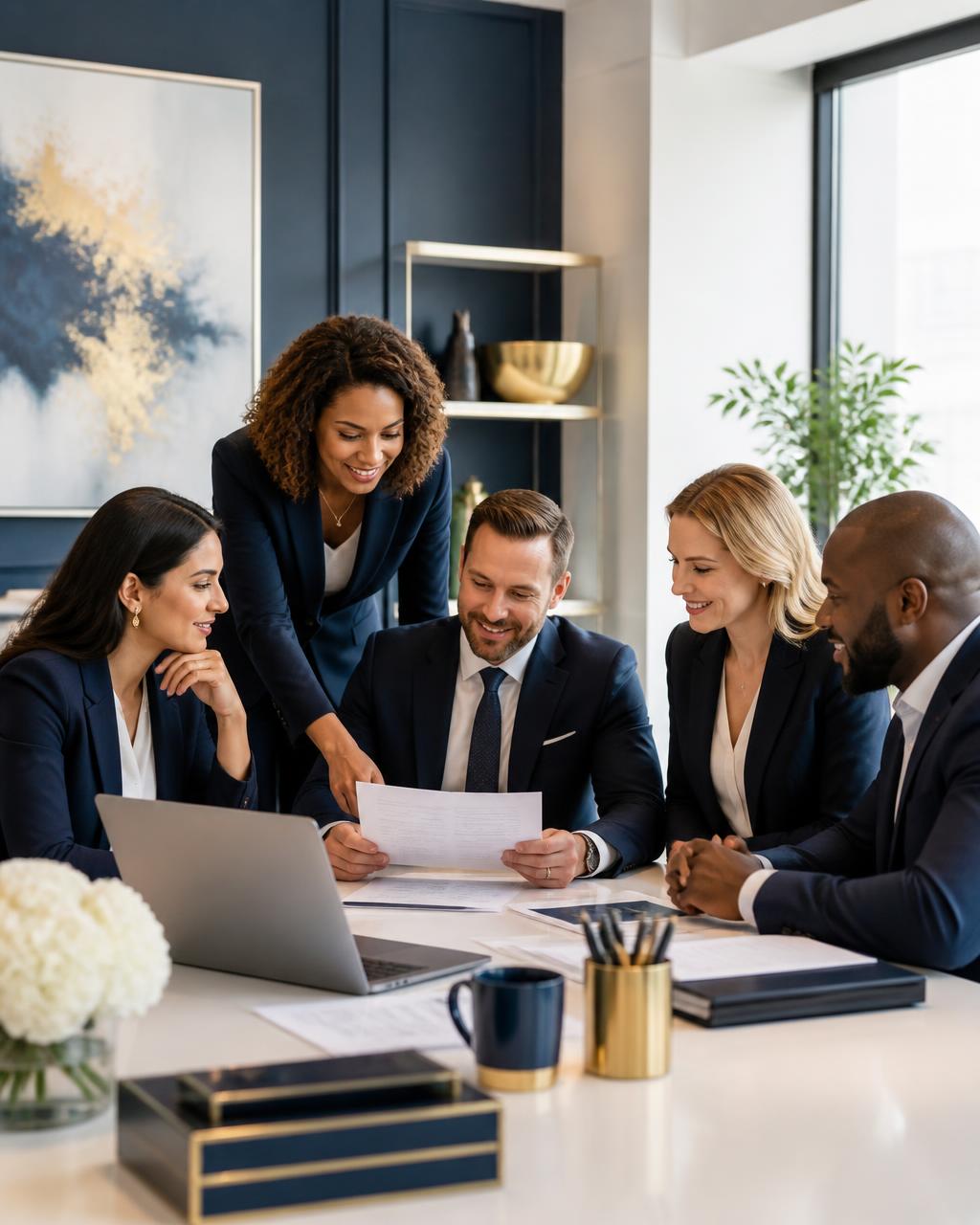 A team of professional recruiters collaborating in a modern office
